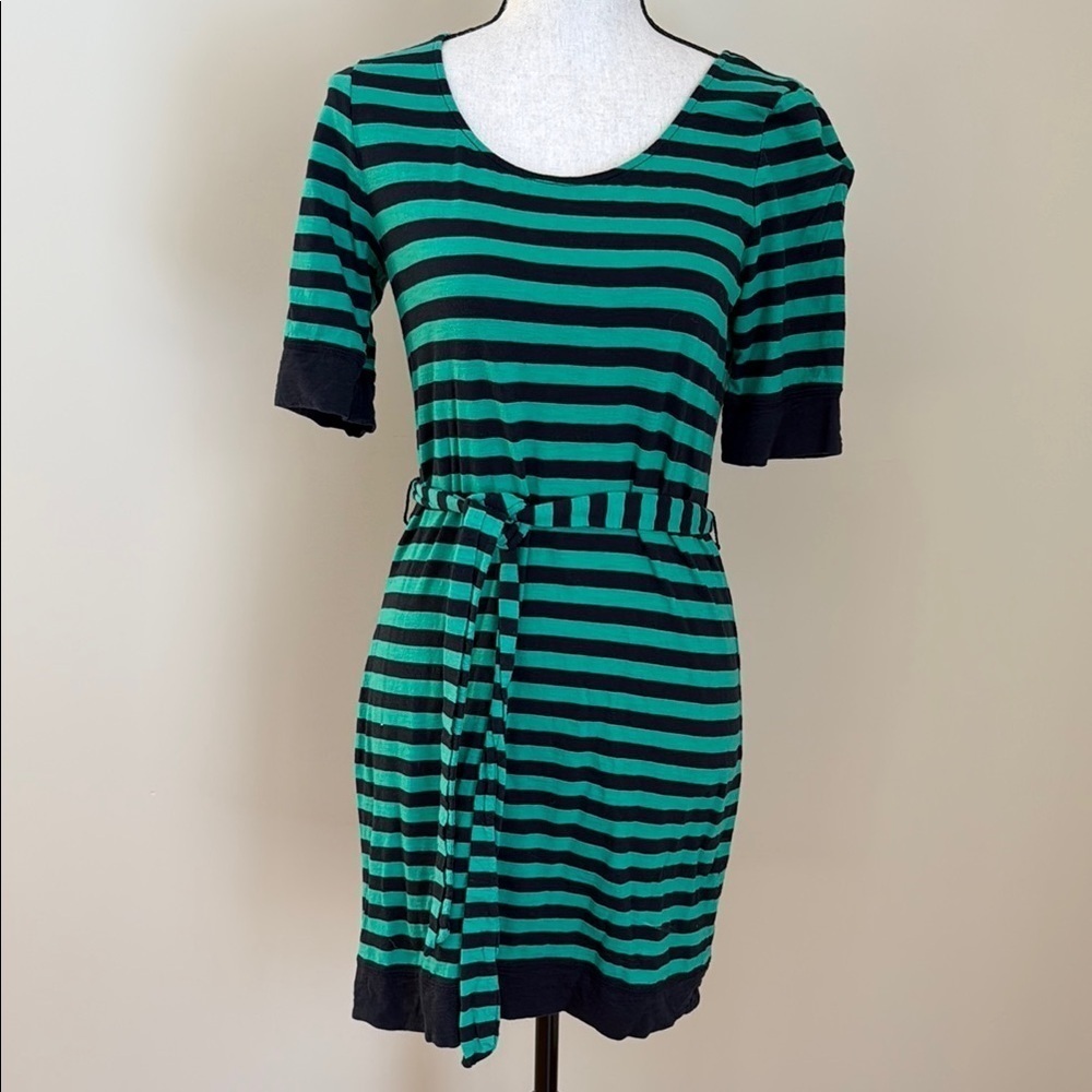 Banana Republic Stripe Green Navy Blue T-Shirt Knit Cotton Dress Petite Small PS